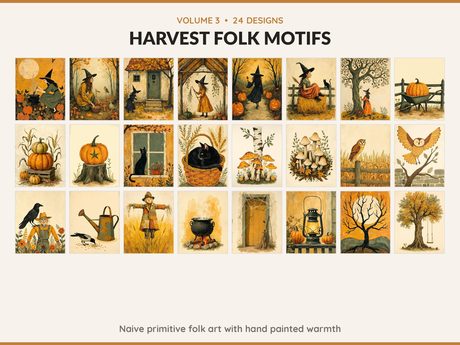 Volume 3 Harvest Folk Motifs: 24 printable Halloween art designs, naive primitive folk art with hand painted warmth