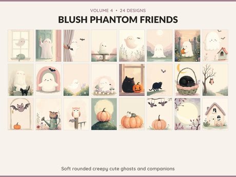 Volume 4 Blush Phantom Friends: 24 printable Halloween art designs, soft rounded creepy cute ghosts and companions