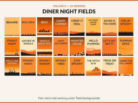 Volume 5 Diner Night Fields: 24 printable Halloween art designs, flat retro mid century color field backgrounds