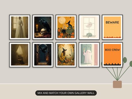 Ten Halloween prints from the bundle framed together as a gallery wall above a console table