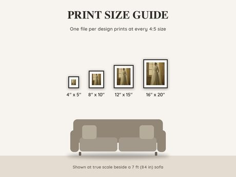Print size guide showing 4x5, 8x10, 12x15 and 16x20 inch Halloween prints at true scale beside a sofa