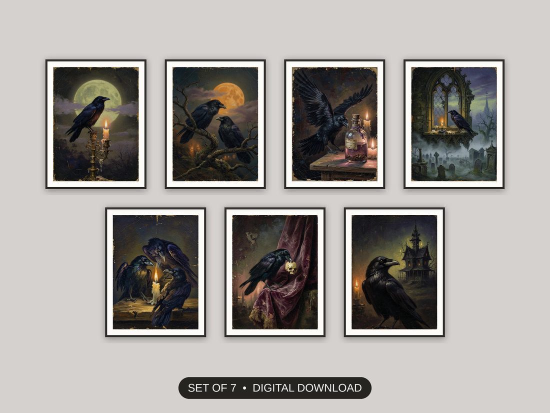 Set of 7 halloween decor and spooky season wall art printable prints shown as a gallery wall