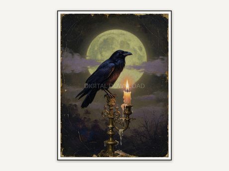 Vintage oil painting style raven on candlestick with full moon