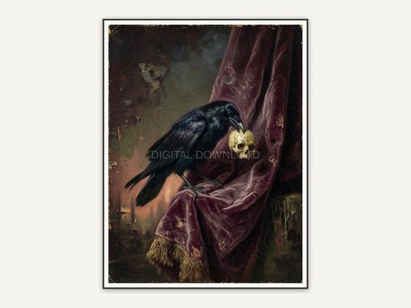Raven holding a small skull against faded velvet drape