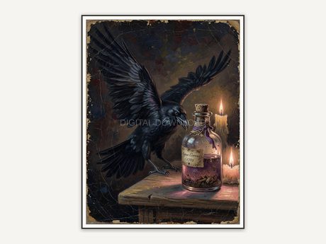 Raven beside an antique potion bottle in cracked varnish style