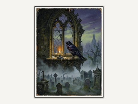Raven on gothic windowsill overlooking misty graveyard