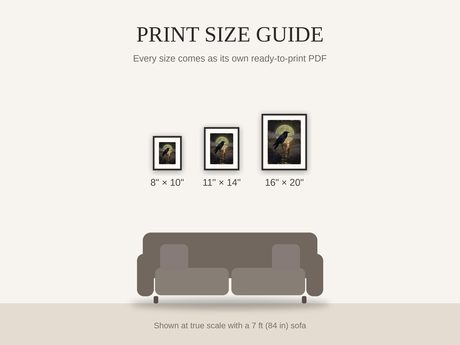 Print size guide showing 8x10, 11x14, and 16x20 framed prints at true scale beside a sofa