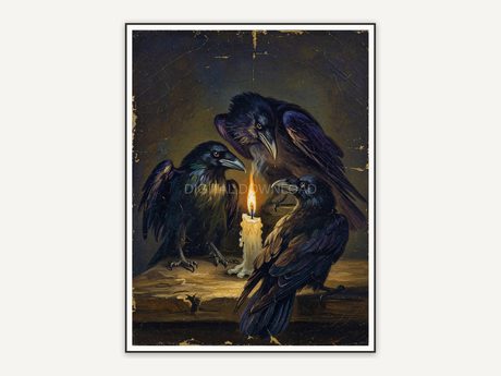 Three ravens around a flickering candle in muted vintage palette