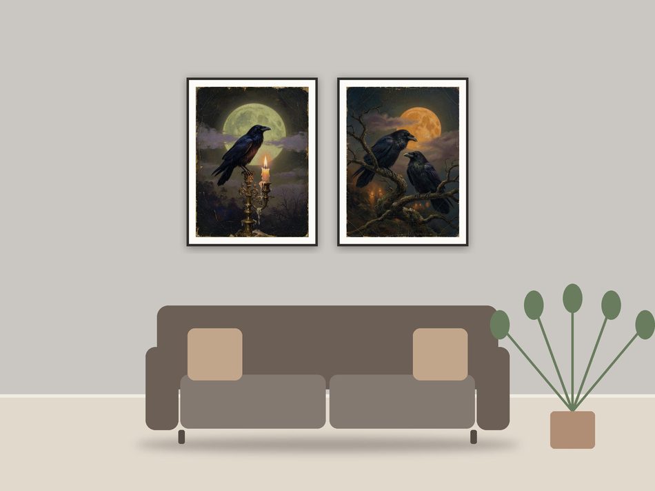 halloween decor and spooky season wall art printable art framed above a sofa in a styled living room