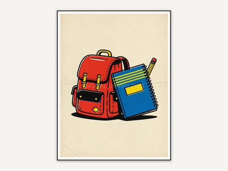 Canvas backpack beside spiral notebook