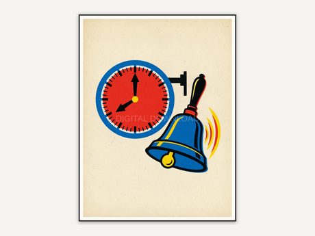 Schoolhouse clock and brass bell artwork