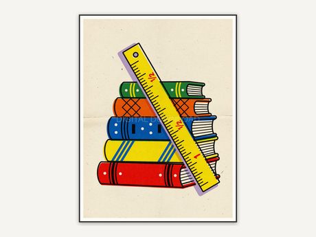 Stacked books with wooden ruler graphic