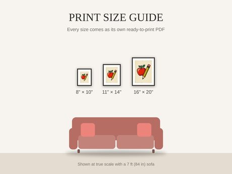 Print size guide showing 8x10, 11x14, and 16x20 framed prints at true scale beside a sofa