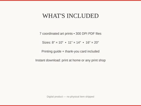 What's included: 7 art prints as 300 DPI PDFs in three sizes plus printing guide and thank-you card