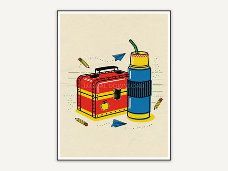 Vintage lunchbox and silver thermos print