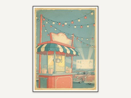 Popcorn stand under string lights