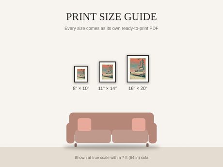 Print size guide showing 8x10, 11x14, and 16x20 framed prints at true scale beside a sofa
