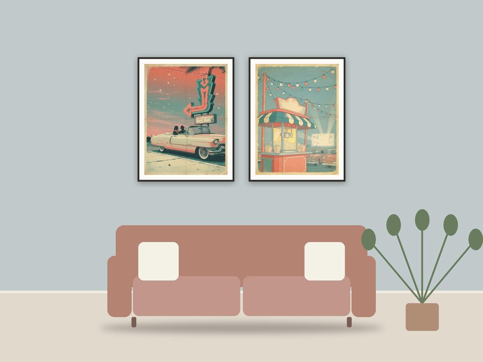 retro drive-in movie posters printable art framed above a sofa in a styled living room
