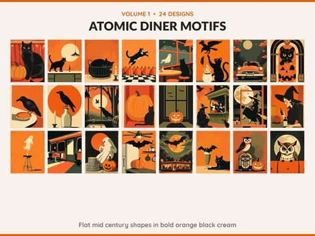 Volume 1 Atomic Diner Motifs: 24 printable Halloween art designs, flat mid century shapes in bold orange black cream