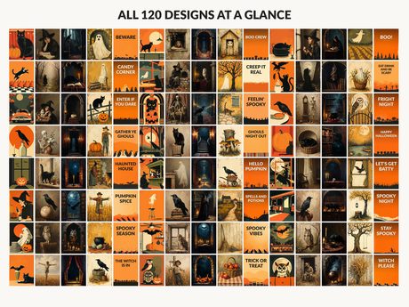 All 120 Halloween printable designs in the bundle shown together on one contact sheet