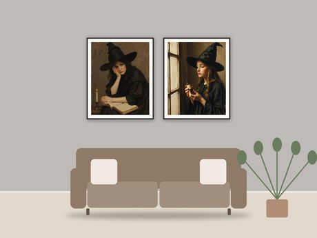 Crackled Portrait Studies printable art framed above a sofa in a styled living room