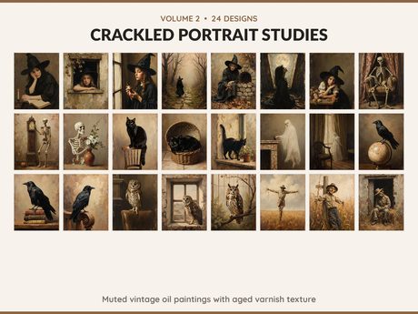 Volume 2 Crackled Portrait Studies: 24 printable Halloween art designs, muted vintage oil paintings with aged varnish texture