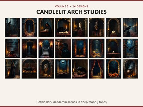 Volume 3 Candlelit Arch Studies: 24 printable Halloween art designs, gothic dark academia scenes in deep moody tones