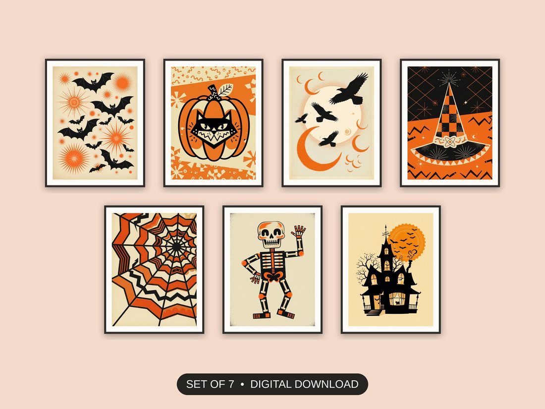 Set of 7 halloween decor printable prints shown as a gallery wall