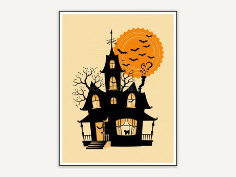 Rounded haunted house silhouette with orange moon