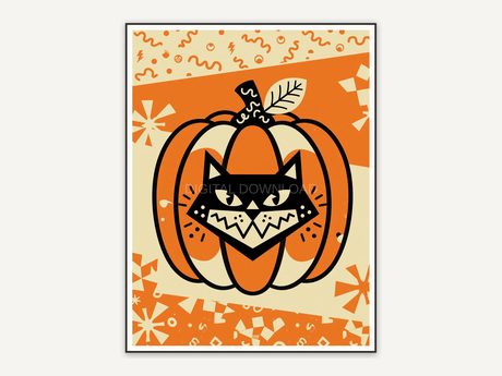 Geometric pumpkin and black cat in 1950s style