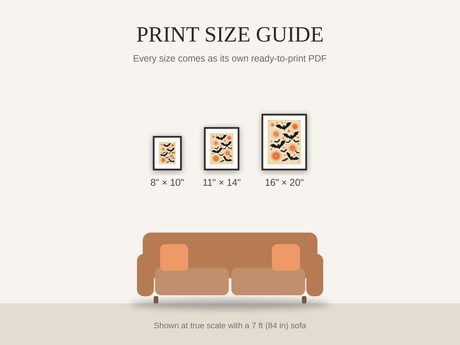 Print size guide showing 8x10, 11x14, and 16x20 framed prints at true scale beside a sofa