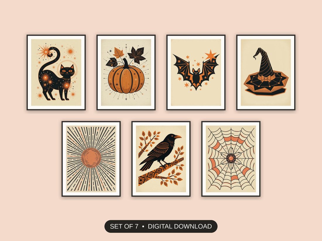 Set of 7 halloween decor and spooky season wall art printable prints shown as a gallery wall