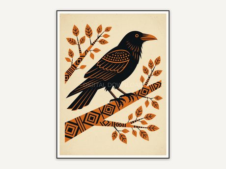 perched raven in mid century flat design