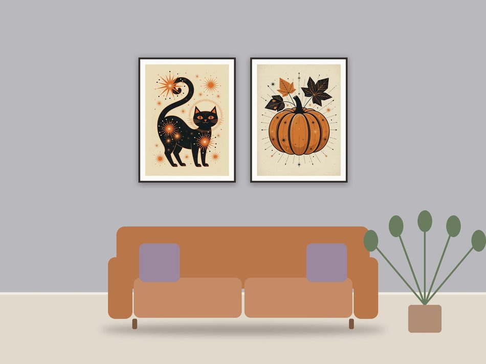halloween decor and spooky season wall art printable art framed above a sofa in a styled living room