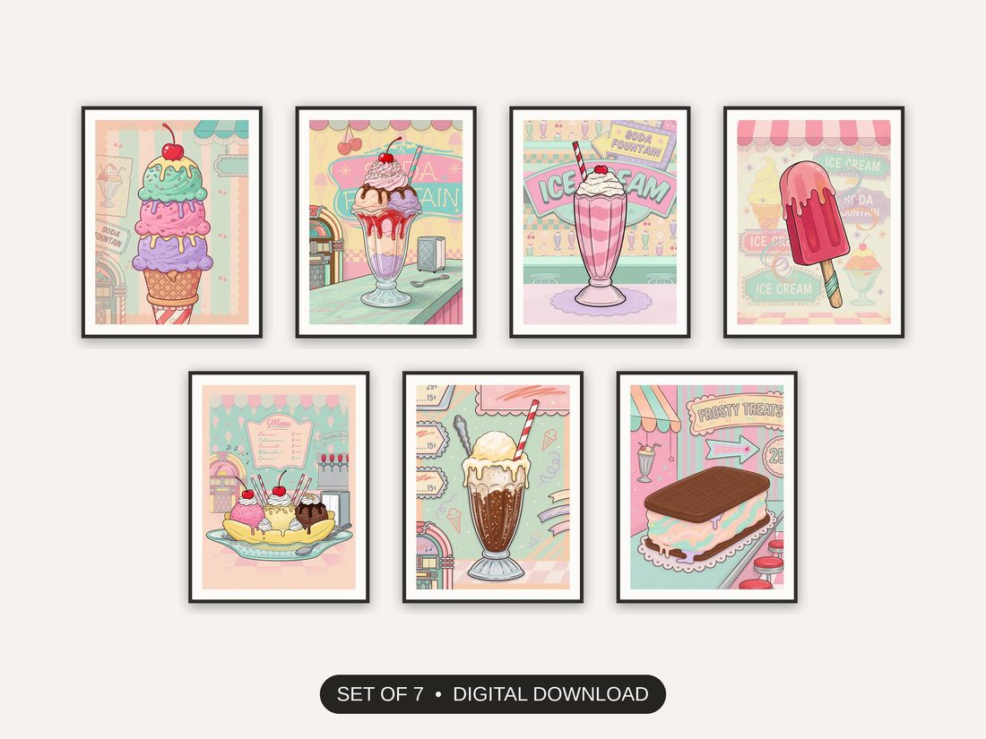 Set of 7 vintage americana dessert illustrations printable prints shown as a gallery wall