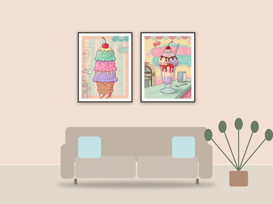 vintage americana dessert illustrations printable art framed above a sofa in a styled living room