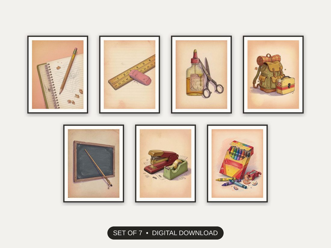 Set of 7 vintage classroom objects printable prints shown as a gallery wall