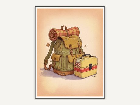 vintage backpack and lunchbox illustration