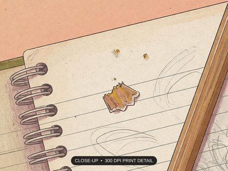 Close-up print detail of the vintage classroom objects artwork at 300 DPI