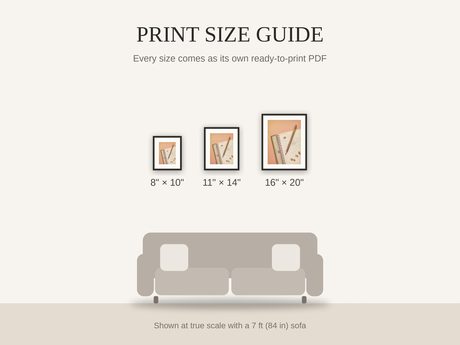 Print size guide showing 8x10, 11x14, and 16x20 framed prints at true scale beside a sofa