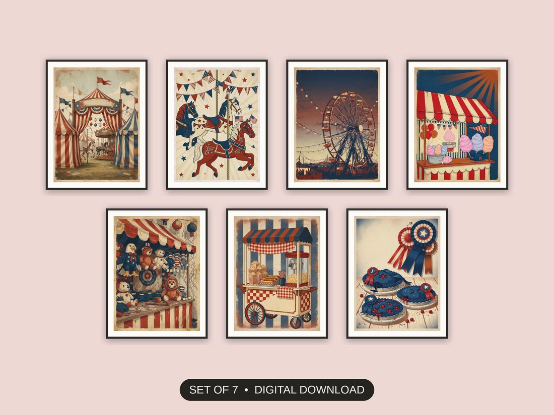 Set of 7 vintage americana summer printable prints shown as a gallery wall