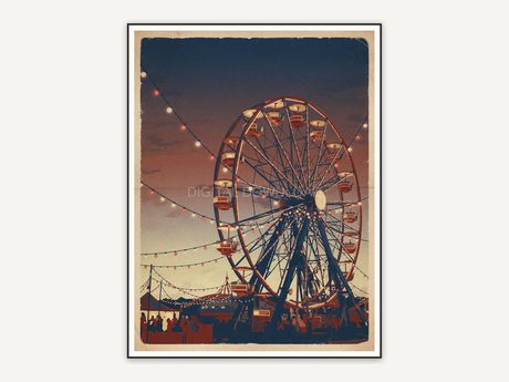 Ferris wheel at dusk with string lights