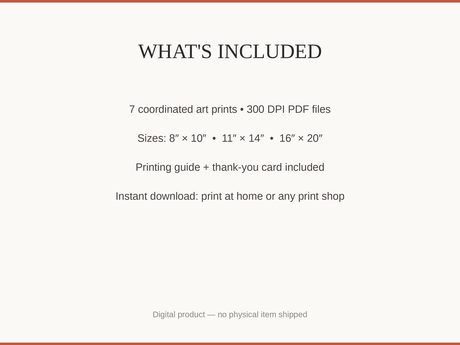 What's included: 7 art prints as 300 DPI PDFs in three sizes plus printing guide and thank-you card