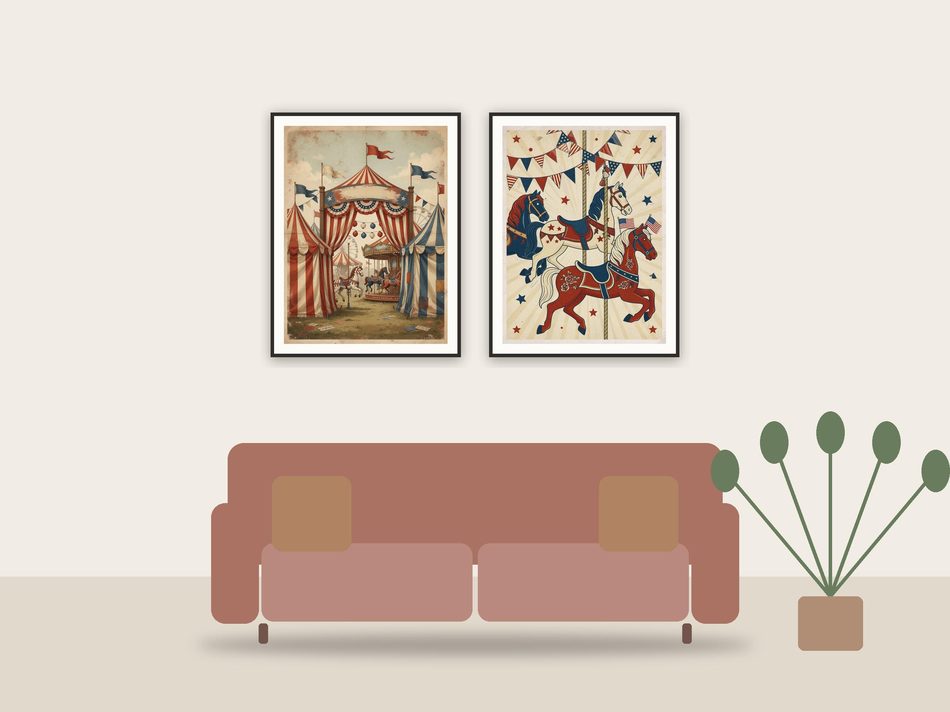 vintage americana summer printable art framed above a sofa in a styled living room