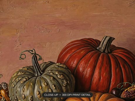 Close-up print detail of the rustic pumpkin still life artwork at 300 DPI