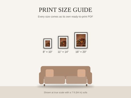 Print size guide showing 8x10, 11x14, and 16x20 framed prints at true scale beside a sofa