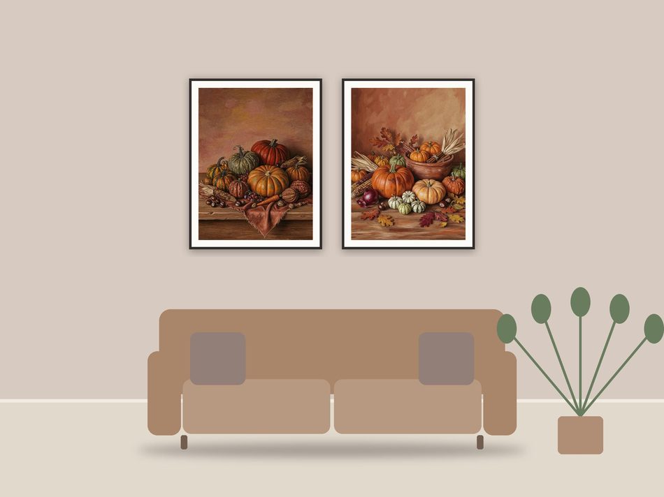 rustic pumpkin still life printable art framed above a sofa in a styled living room