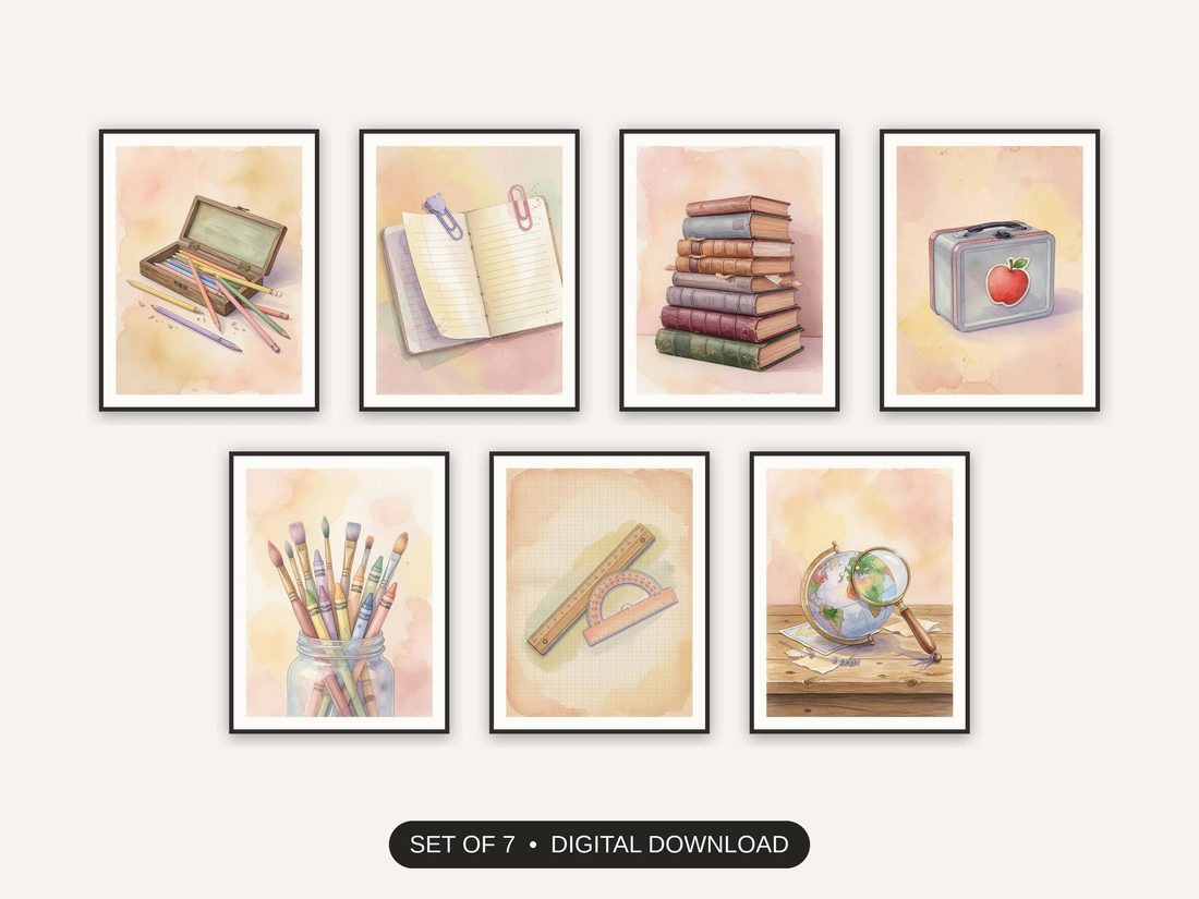 Set of 7 vintage school supply illustrations printable prints shown as a gallery wall