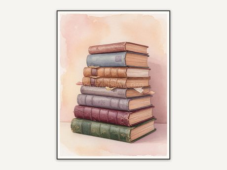 watercolor stacked books print