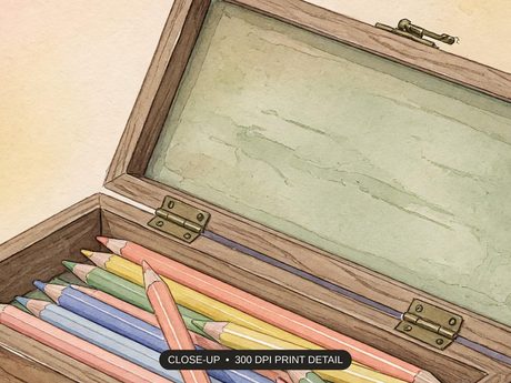 Close-up print detail of the vintage school supply illustrations artwork at 300 DPI
